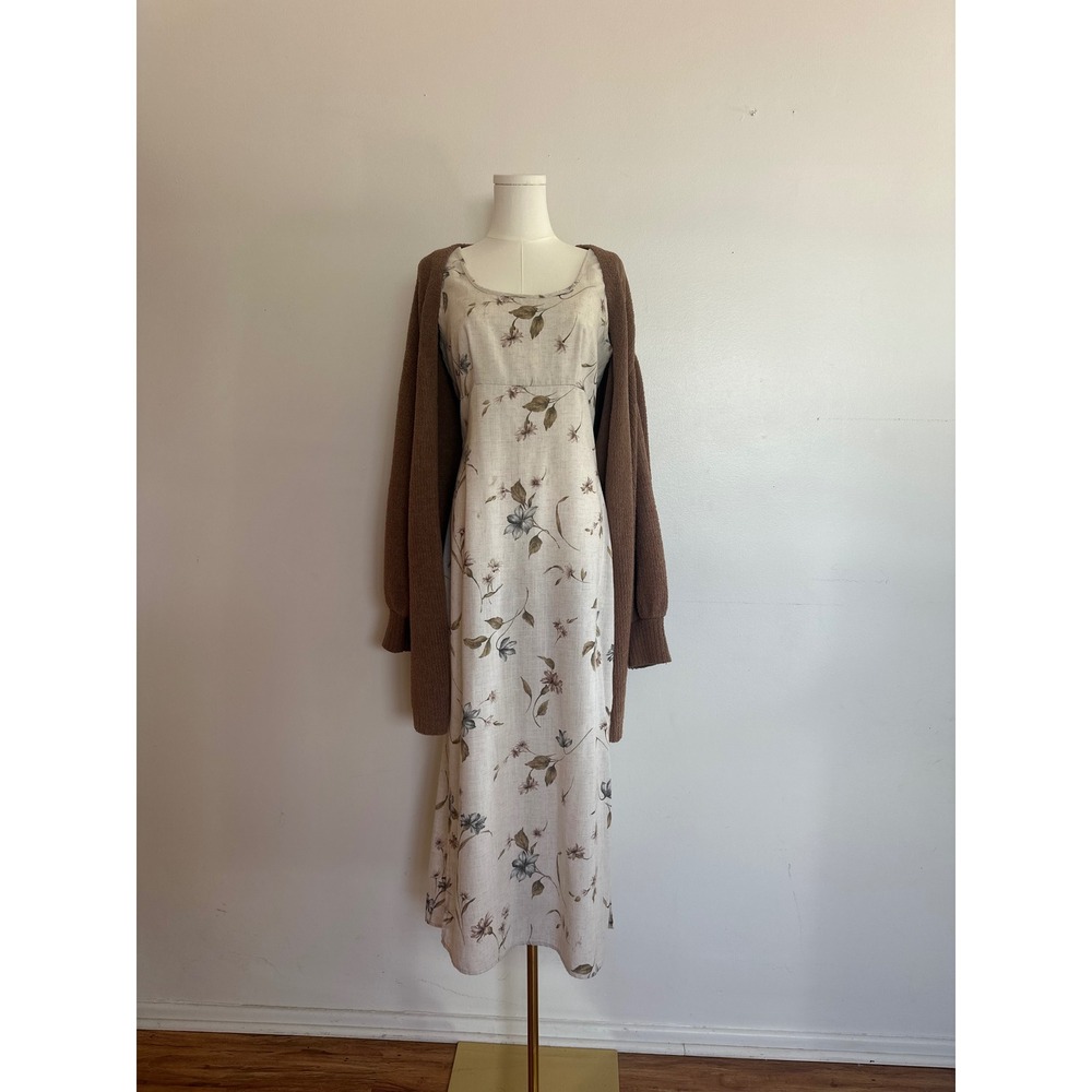 Vtg 90s California Concepts Floral Flax Linen Blend Maxi Dress Cottage Fall Sz 9
